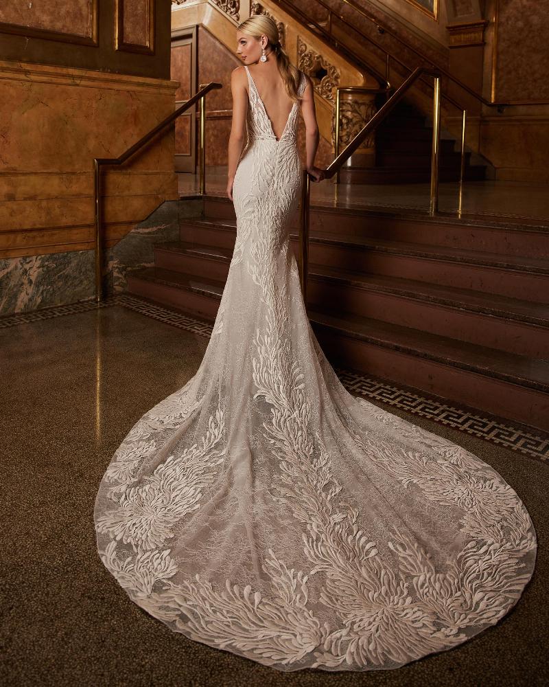 122122 lace v neck wedding dress with straps and sheath silhouette1